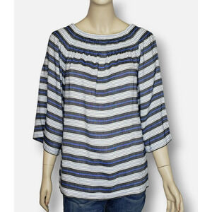 J Jill Striped Linen blend top Blouse Peasant smoked Neck 3/4 Sleeve Size-L